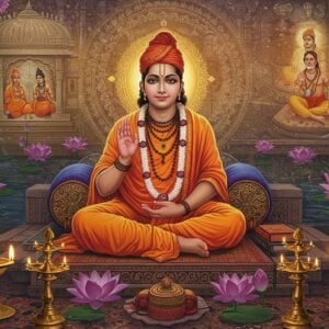 A serene portrait of Bhagat Trilochan in traditional 15th-century Indian attire, seated in padmasana on a carved stone platform, his eyes radiating divine wisdom. He wears a saffron dhoti and angavastram with intricate Madhubani-style border patterns. A soft golden aura surrounds him, merging with the mystical background featuring detailed mandalas and Sanskrit verses floating ethereally. The scene is set during dawn, with the rising sun creating a warm glow. In the foreground, brass oil lamps illuminate sacred texts and scrolls. The background showcases a stylized temple architecture with geometric patterns and flowing water symbolizing the flow of divine knowledge. Floating lotuses in various stages of bloom surround him, rendered in deep purples and blues. The art style combines traditional Indian miniature painting techniques with modern digital art, featuring rich jewel tones of deep maroon, royal blue, and burnished gold. Multiple translucent layers show scenes from his life teachings, creating a dreamlike depth. The lighting is dramatic yet soft, with golden rays filtering through the composition.