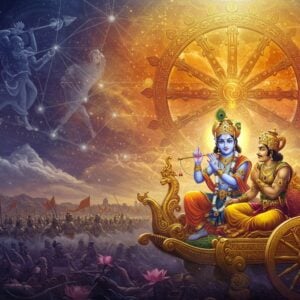 A powerful ethereal scene depicting Lord Krishna and Arjuna on a golden chariot in the midst of Kurukshetra battlefield, Krishna's divine form radiating a soft blue aura, wearing a golden pitambara and peacock feather crown, his right hand raised in the gesture of teaching while his left hand holds the reins. Arjuna, dressed in royal warrior attire with intricate armor, sits in deep contemplation. Above them, a massive cosmic wheel of karma in gold and saffron spins, with intricate Sanskrit-inspired patterns. The wheel casts scattered light rays forming connecting threads between actions and consequences. The background features a surreal blend of battlefield and cosmos, with floating lotus flowers, subtle mandalas, and gentle light orbs. Multiple translucent layers show the same person performing different actions, representing karma's cycle. The art style combines traditional Madhubani patterns with modern digital art techniques, using a color palette of deep blues, royal purples, cosmic golds, and ethereal whites. The scene is illuminated by divine light streams, creating a mystical atmosphere that emphasizes the timeless wisdom of the Gita.