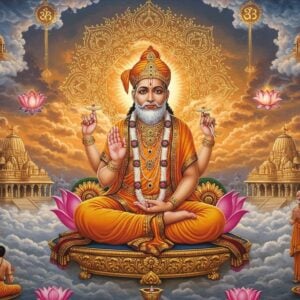 A serene portrait of Bhagwan Swaminarayan seated in padmasana on a golden lotus platform, wearing pristine white dhoti and upper cloth with intricate gold embroidery. His divine form radiates a soft ethereal glow, with four arms - upper right hand holding akshamala (rosary), upper left hand holding sacred scriptures, lower right hand in abhaya mudra, and lower left hand resting on knee. Behind him, a large modern digital mandala in shades of saffron and gold pulses with sacred geometry patterns. The background features a blend of traditional and contemporary elements: ancient Indian temples with modern architectural elements floating in clouds, connected by streams of golden light. Devotees in both traditional and modern attire are shown in respectful poses. Surrounding the scene are floating symbols representing his core teachings - the wheel of dharma, lotus of purity, and hands joined in service. The lighting is divine and atmospheric, with rays of light filtering through clouds. The art style combines Pattachitra's intricate detailing with modern digital art techniques, using a palette of deep maroons, celestial blues, and radiant golds. Photorealistic details in the face capture his compassionate expression and divine presence.
