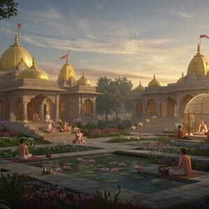 A serene panoramic view of a modern glass-and-stone ashram complex nestled in nature, with traditional Indian architectural elements like golden shikhara towers and ornate archways. The foreground shows a peaceful meditation garden with blooming lotus ponds and contemporary stone pathways. Young Indian spiritual seekers in modern clothing mixed with traditional elements are seen participating in various activities - some meditating on designer yoga mats under a crystalline gazebo, others engaged in kirtan with modern musical instruments. The scene is illuminated by both natural sunlight and warm artificial lighting, creating a ethereal atmosphere with soft golden hour glow. Floating mandalas and sacred geometry patterns appear as subtle overlays in the sky. The landscape features a harmonious blend of manicured gardens with native plants, contemporary water features, and traditional temple elements. The color palette combines earthy browns and greys with vibrant spiritual colors like saffron, deep purple, and celestial blue. Artistic style merges hyperrealistic architectural rendering with Madhubani-inspired decorative elements and modern digital art aesthetics. The overall composition suggests a perfect balance between ancient wisdom and contemporary comfort.