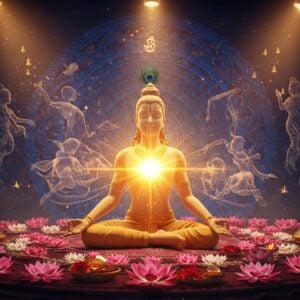 A serene Indian yogi in lotus position, radiating golden divine light, surrounded by concentric circles of floating lotus flowers in soft pink and white. The central figure's heart chakra glows with intense golden light, with ethereal streams of energy forming the shape of Krishna's flute. Around them, multiple translucent layers show different expressions of devotion - hands folded in prayer, dancing figures in spiritual ecstasy, and offering of flowers. The background features a large, intricate mandala in Madhubani style with peacock blue and deep maroon colors, embedded with traditional symbols like Om, conch shells, and sacred geometric patterns. Swirling patterns of incense smoke create mystical formations in the air, while subtle elements of Krishna consciousness like peacock feathers and temple bells float weightlessly. The lighting is warm and divine, with soft spotlights from above creating a heavenly atmosphere. The entire scene is rendered in a harmonious blend of traditional Indian art and modern digital aesthetics, with a dreamy, ethereal quality, rendered in 8K, hyper-detailed, cinematic lighting.