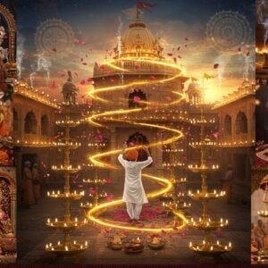 A vibrant Indian temple courtyard during dawn, illuminated by hundreds of brass diyas casting golden light. In the center, an Indian devotee in white kurta performs an ecstatic dance with raised hands, surrounded by floating lotus petals and spiraling light trails. Multiple smaller vignettes around the main scene showcase different festival celebrations: a Radha-Krishna idol adorned with fresh flowers during Janmashtami, devotees carrying palkhi during Pandharpur Wari, and saints singing bhajans with traditional instruments. The scene features intricate Madhubani-style border patterns with peacocks and lotus motifs in deep maroon and royal blue. Swirling mandalas in gold and saffron float in the background, while ethereal wisps of incense smoke create mystical patterns. The lighting is warm and divine, with subtle rays of light breaking through morning mist. The atmosphere combines elements of traditional Indian spirituality with contemporary digital art techniques, creating a serene yet energetic composition that captures the essence of bhakti celebrations.