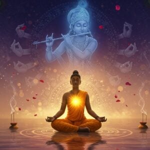A serene Indian yogi in lotus position floating above a reflective pool of water, radiating golden divine light from their heart chakra. The figure wears flowing saffron robes with intricate Madhubani-style patterns. Behind them, a large, ethereal Krishna plays the flute, rendered in translucent blue hues like a spiritual apparition. Surrounding them are concentric circles of glowing mandalas and sacred Sanskrit symbols in soft gold and white light. The atmosphere features delicate floating lotus petals and spiral wisps of incense smoke. The background transitions from deep indigo at the top to warm rose gold at the bottom. Multiple pairs of ghostly, praying hands in mudra positions fade in and out of the scene. Peacock feathers and cultural motifs frame the edges. The lighting is soft and mystical, with small orbs of divine light scattered throughout. Art style combines traditional Indian Pattachitra techniques with modern digital art aesthetics, creating a dreamy, spiritual atmosphere. The scene should convey deep meditation, devotion, and transcendental connection.