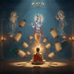 A serene indoor temple scene with a young Indian seeker in modern clothing (white kurta) seated in padmasana on a wooden floor, surrounded by an ethereal golden aura. Multiple ancient spiritual texts and scrolls float around him in a spiral pattern, each emanating soft divine light. In the background, a large, intricate mandala in deep blues and golds pulses with spiritual energy. Traditional oil lamps cast warm, dancing shadows while translucent forms of Krishna playing flute, Hanuman in devotion, and Radha-Krishna in eternal dance appear as subtle visions in the ambient space. Floating lotus flowers and peacock feathers add divine elements. The lighting is mystical with rays of sunlight streaming through ornate temple windows, creating patterns on the floor. The atmosphere combines both traditional Bhakti elements and contemporary spiritual aesthetics. Artistic style merges hyperrealistic digital art with traditional Madhubani patterns in the details. The scene suggests both knowledge and devotion, with a modern, sophisticated feel while maintaining spiritual authenticity.