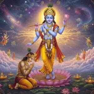 A serene scene depicting Lord Krishna in his divine cosmic form, radiating golden light, standing on a lotus platform amidst the cosmic universe. He has four hands - one holding the flute, one holding the Sudarshan chakra, one in abhaya mudra, and one holding a lotus. His skin is deep blue, wearing a yellow dhoti and peacock feather crown. Before him kneels Arjuna in royal warrior attire, head bowed in devotion, surrounded by swirling mandalas and Sanskrit symbols floating ethereally. The background shows the vast cosmic manifestation with galaxies, stars, and celestial beings. Soft pastel clouds in shades of pink and lavender float around them. Traditional Madhubani-style decorative patterns blend seamlessly with modern digital art techniques. The scene is illuminated by divine light emanating from Krishna's form, creating a mystical atmosphere. Intricate lotus flowers and peacock feathers frame the scene, while subtle golden threads of devotional energy connect Arjuna's heart to Krishna. Hyperrealistic digital art style with magical elements, deep rich colors of royal blue, saffron, and gold dominate the palette.