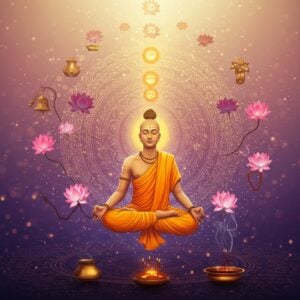 A serene Indian yogi in lotus position floating in an ethereal space, surrounded by nine concentric, glowing golden mandala rings representing the stages of devotion. Each ring features distinct Madhubani-style patterns in deep maroon and peacock blue. The yogi radiates a soft golden aura, wearing traditional saffron robes with intricate patterns. Nine lotuses at different stages of blooming ascend in a spiral around him, symbolizing spiritual progression. The background transitions from deep indigo at the bottom to soft rose gold at the top, with subtle sacred geometry patterns. Floating devotional symbols like bells, incense smoke, and japa malas appear ethereally in the space. The lighting is dreamy and dimensional, with particles of divine light scattered throughout. The entire scene is rendered in a fusion of traditional Indian art and modern digital painting style, with rich textures and smooth gradients. The yogi's face reflects deep peace and divine connection, with closed eyes and a subtle smile.