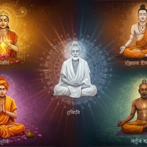 A serene split-screen composition showing four distinct Indian yogis in meditation, each representing different yoga paths. In the Bhakti quadrant, a devotee in saffron robes with tears of devotion, surrounded by swirling golden light and floating lotus petals, hands folded in prayer with Krishna's ethereal form visible in their heart center. The Jnana quadrant shows a sage in white, surrounded by sacred geometric patterns and glowing Sanskrit texts, with a peaceful contemplative expression. The Karma quadrant depicts a yogi in earthen tones performing selfless service, their aura radiating concentric circles of light. The Raja quadrant shows a master yogi in deep samadhi, floating slightly above ground, surrounded by subtle energy channels and chakras. All scenes merge at the center in a luminous mandala pattern. The overall palette combines deep spiritual colors (saffron, maroon, gold) with ethereal pastels (soft blues, lavenders). Art style merges traditional Madhubani patterns in the borders with modern digital art techniques, creating a harmonious blend of ancient and contemporary aesthetics. The lighting should be dramatic yet divine, with rays of light connecting all four aspects.