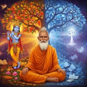 A serene Indian sage in ochre robes seated in padmasana against a cosmic backdrop where two distinct energies merge - one side showing vibrant devotional imagery with golden Krishna playing his flute amidst swirling bhakti symbols, the other side depicting the abstract non-dual reality of Advaita with sacred geometric patterns and the Om symbol emanating pure white light. The sage's face is peaceful, eyes half-closed in meditation, with a subtle smile. A large tree of wisdom behind him splits into two branches - one blooming with devotional flowers in warm colors (reds, oranges, yellows) representing Bhakti, the other crystalline and ethereal in cool tones (blues, silvers) representing Advaita. Floating manuscripts and Sanskrit texts spiral around the scene. The art style combines traditional Madhubani patterns in the details with modern digital art techniques, featuring rich jewel tones and metallic gold accents. Soft glowing orbs and translucent mandalas float in the background, creating depth. The lighting creates a divine atmosphere with rays of light filtering through the scene, emphasizing both the emotional warmth of devotion and the pure clarity of non-dual wisdom.