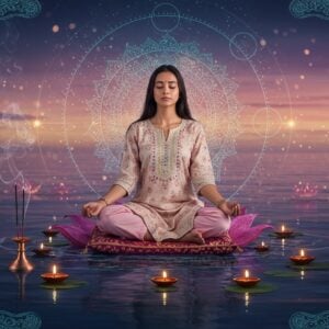 A young Indian woman in a serene meditation pose wearing a contemporary pastel pink and ivory churidar, sitting on a lotus-shaped meditation cushion floating above tranquil waters. Her eyes are peacefully closed, surrounded by a soft golden aura. Multiple translucent, ethereal mandalas in shades of turquoise and gold spiral around her. Floating diyas with glowing flames create a circular pattern on the water. The background features a gradient from deep indigo to dawn pink, with subtle Sanskrit symbols dissolving into light particles. Delicate smoke trails from copper incense holders form flowing patterns. Traditional Madhubani-style peacocks and lotus motifs frame the corners, rendered in a modern minimalist style. The lighting is ethereal with god rays filtering through, creating a mystical atmosphere. Digital art style with high dynamic range, photorealistic details, and subtle sacred geometry patterns integrated throughout.