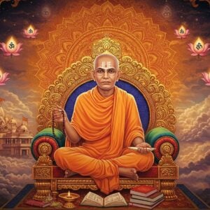 A majestic portrait of Bhaktisiddhanta Sarasvati Thakura seated in a spiritual posture on an ornate golden throne, wearing pristine white dhoti and kurta with tilak mark on forehead. He holds prayer beads in his right hand and a sacred text in his left. Behind him, a large intricate mandala glows with divine light in shades of saffron and gold. The background features a beautifully detailed Mayapur temple with its distinctive architecture merging into ethereal clouds. Floating lotus flowers and sacred symbols surround him in Madhubani art style. His face radiates wisdom and compassion with his signature round glasses and trimmed beard. The scene is illuminated by soft, divine light creating an aura of spirituality. Modern digital art aesthetics blend seamlessly with traditional Indian art elements, using a color palette of deep maroons, celestial blues, and golden hues. Subtle rays of light emanate from sacred texts scattered around him, symbolizing his vast literary contributions. The composition maintains photorealistic details while incorporating surreal, spiritual elements in the background.