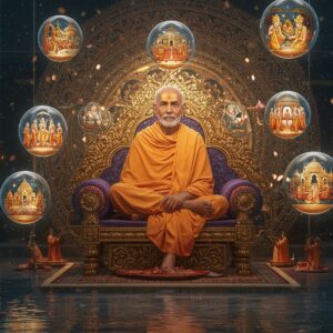 A serene portrait of Bhaktisiddhanta Sarasvati in traditional saffron robes seated in padmasana on an ornate marble throne, illuminated by ethereal golden light. His expression is compassionate and wise, with tilak mark clearly visible. Behind him, a massive intricate mandala pattern blends traditional Madhubani art with modern digital aesthetics, featuring interconnected symbols of Gaudiya Vaishnavism including Krishna's flute, peacock feathers, and lotus flowers. Floating spheres of light containing miniature scenes of his teachings - showing disciples, temples, and sacred texts. The color palette combines deep maroons, royal blues, and burnished golds. Modern glass and steel architecture elements frame the composition, while sacred geometry patterns flow throughout. Soft particle effects and light rays create a mystical atmosphere. The scene is rendered in high-detail digital art style with photorealistic textures and dramatic lighting that emphasizes both the traditional spiritual elements and contemporary relevance. In the foreground, a subtle reflection pool mirrors the scene, creating perfect symmetry and depth.