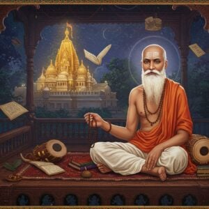 A serene portrait of Bhaktivinoda Thakur sitting in contemplation on an ornate wooden veranda of his historic Bhakti Bhavan in Kolkata, wearing traditional Bengali dhoti and chadar in soft white. His distinguished features include a tilak mark on his forehead, gentle eyes, and flowing white beard. He holds a string of tulsi mala in one hand and ancient Sanskrit manuscripts in another. Behind him, a ethereal vision shows the Mayapur temple he envisioned, rendered in glowing golden light. The scene is surrounded by intricate Madhubani-style borders featuring Krishna-lila motifs in deep indigo and saffron. Floating spiritual symbols include the mridanga, kartalas, and pages of his written works transforming into flying doves. The lighting is mystical with soft rays filtering through temple spires, creating a divine atmosphere. The art style combines photorealistic details with traditional Indian miniature painting techniques, featuring rich colors like deep maroon, peacock blue, and burnished gold. Delicate lotus flowers and vines frame the composition, with subtle mandala patterns in the background emitting a gentle spiritual glow.
