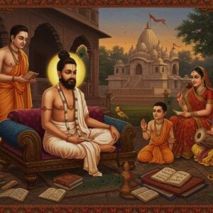 A serene evening scene in a traditional Bengali courtyard, showing Bhaktivinoda Thakur seated on an ornate wooden asana, wearing pristine white dhoti and chadar with sacred tulsi mala. His distinguished features include a trimmed beard, gentle eyes, and tilak mark. He's surrounded by his family members, including young Bhaktisiddhanta Saraswati in traditional Bengali attire. Ancient manuscripts and books of Vaishnava literature are scattered around them. The background features the historic Yogapith temple in Mayapur with intricate architectural details. Soft golden light bathes the scene, creating a divine atmosphere. Traditional Bengali musical instruments like mridanga and kartals lie nearby. Detailed Madhubani-style borders frame the scene with intricate patterns of peacocks, lotus flowers, and Krishna's flute motifs. The color palette includes deep maroons, saffron, and peacock blue with ethereal golden highlights. Floating translucent mandalas and subtle rays of spiritual light emanate from sacred texts. The artistic style combines classical Indian miniature painting techniques with modern digital art aesthetics, rendering a photorealistic yet mystical quality.