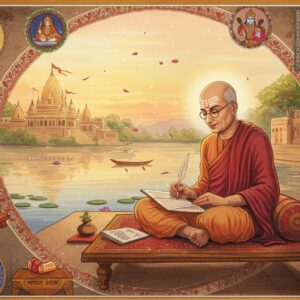 A serene sunrise scene showing Bhaktivinoda Thakur seated in traditional Bengali dhoti and kurta on a wooden asana near the Ganges at Godrumadvipa, Navadvipa. He's portrayed as a distinguished Bengali gentleman with tilak on his forehead, spectacles, and a peaceful expression, writing in his manuscript with a quill pen. Around him, arranged in a circular mandala pattern, are vignettes of his daily activities: a small temple room with deity worship items, prayer beads for japa, and Sanskrit texts. The scene is illuminated by soft, golden morning light with hints of pink and orange in the sky. Traditional Madhubani-style decorative borders frame the scene, featuring intricate patterns of tulsi leaves and lotus flowers. Ethereal glowing particles float in the air, suggesting divine presence. In the background, a subtle watercolor rendering of the historic Svananada-sukhada-kunja temple. The color palette combines deep maroons, rich golds, and peaceful blues, with detailed textures in the traditional clothing and architectural elements. The overall composition creates a harmonious blend of historical accuracy and spiritual mysticism, rendered in a style that merges classical Indian art with modern digital aesthetics.