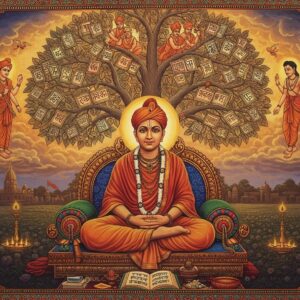 A mystical portrait of Bhaktivinoda Thakur in traditional Bengali dhoti and chadar, seated in a meditative pose on an ornate lotus throne, surrounded by ethereal golden light. His face radiates divine wisdom and compassion. Behind him, a towering celestial tree with branches forming the silhouettes of his spiritual predecessors including Lord Chaitanya, the Six Goswamis, and his successors. The tree's leaves are made of illuminated manuscripts and sacred texts. In the foreground, the Nama Hatta scrolls and his written works emit a soft, spiritual glow. The scene is set in a transcendental Navadvip landscape with the Jaganath temple silhouette in the distance. The art style combines traditional Pattachitra techniques with modern digital art, using rich colors of deep maroon, saffron, and celestial blue. Sacred symbols like tilak marks, tulsi beads, and Bengali scripture float ethereally in the atmosphere. The lighting creates a divine ambiance with golden rays filtering through clouds, suggesting spiritual enlightenment. Photorealistic details in the face and hands, with ornate Madhubani-inspired patterns decorating the borders and background elements.