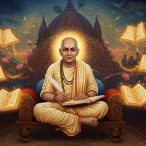 A serene portrait of Bhaktivinoda Thakur seated on an ornate wooden asana, wearing traditional Bengali dhoti and chadar in soft cream colors, with a peaceful expression and tilak mark on his forehead. He holds ancient Sanskrit manuscripts in one hand and a quill pen in another. Around him, ethereal, glowing manifestations of his literary works float like luminous books with intricate Madhubani-style borders in gold and saffron. Behind him, a large mandala-like structure incorporates elements of Nabadwip temples and Bengali architecture in peacock blue and deep maroon. Floating lotus flowers and spiritual symbols emerge from his writings, creating a mystical atmosphere. The scene is illuminated by warm, golden light streams, with subtle hints of Bengali scroll painting influences. In the background, a dreamy visualization of Mayapur temple spires blend with contemporary digital art elements. The overall composition maintains photorealistic details while incorporating surreal, spiritual elements, rendered in a style merging traditional Indian art with modern digital techniques. The lighting emphasizes the divine nature of his contributions while maintaining a scholarly atmosphere.