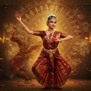 A graceful Indian female dancer in a traditional Bharatanatyam pose, wearing a rich maroon and gold silk Kanchipuram saree with intricate temple border designs, performing the Alapadma (lotus) hand gesture. Her face shows intense emotion (abhinaya), adorned with traditional temple jewelry including netlipatti, jimiki, and surya-chandran hair ornaments. The background features a massive golden mandala that transitions into a spiral of dancing celestial apsaras in bas-relief style. Multiple transparent layers show the same dancer in different iconic Bharatanatyam positions - tribhanga, aramandi, and natya aramandi. The scene is illuminated by warm, divine lighting with floating lotus petals and swirling golden dust particles. Intricate Madhubani-style patterns frame the corners, while peacock motifs and temple architecture elements blend seamlessly into the composition. The color palette includes deep maroon, antique gold, peacock blue, and burnt orange. The art style combines hyperrealistic details with ethereal, spiritual elements, creating a harmonious fusion of traditional and contemporary aesthetics. Dynamic motion lines and flowing fabric create a sense of movement and grace.