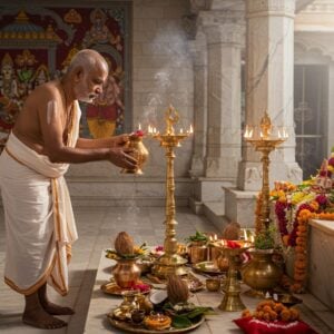 A dignified elderly Indian Bhatt priest in traditional pristine white dhoti and angavastram, with sacred thread across his chest, performing an elaborate Hindu ritual near a grand marble temple sanctum. His hands gracefully hold copper vessels with intricate designs, surrounded by traditional brass lamps casting warm golden light. The scene features a beautifully arranged puja setup with brass kalash, fresh flower garlands, coconuts, and carefully placed ritual items on decorative brass plates. Sacred smoke from copper dhoop vessels swirls in ethereal patterns, creating a mystical atmosphere. In the background, detailed Madhubani-style artwork depicts various Hindu ceremonies in rich colors of deep maroon, saffron, and gold. The priest's face shows deep concentration and spiritual wisdom, with traditional tilak on forehead. Soft morning light filters through temple pillars, creating dramatic shadows and highlighting the sacred atmosphere. The overall composition combines photorealistic details with subtle spiritual elements like glowing mandalas and lotus motifs in muted gold tones.