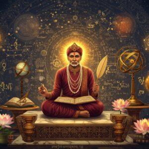 A regal Indian mathematician in rich maroon and gold dhoti, seated cross-legged on an ornate marble platform, surrounded by floating geometric patterns and mathematical symbols in gleaming gold. He has a traditional tilak on his forehead, holding an ancient palm leaf manuscript in one hand and a golden compass in another. The background features a massive mandala made of interconnected mathematical equations and astronomical diagrams in Devanagari script. Swirling cosmic patterns and constellation maps blend with traditional Madhubani art elements. The scene is illuminated by warm, ethereal light creating a dimension of depth. Ancient astronomical instruments like armillary spheres and sundials float in a spiral around him. The color palette includes deep indigo, burnished gold, copper, and touches of celestial blue. The style combines hyperrealistic digital art with traditional Indian miniature painting techniques. Several lotus flowers emerge from geometric patterns, symbolizing the blooming of mathematical knowledge. The atmosphere suggests both scholarly wisdom and spiritual enlightenment, with subtle hints of celestial energy and divine inspiration.