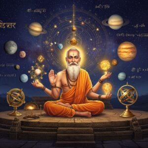 A majestic Indian sage with traditional dhoti and angavastram, seated in padmasana on an ancient stone observatory platform, surrounded by floating golden mathematical equations and astronomical symbols in Sanskrit. His hands gracefully manipulate glowing geometric shapes and celestial objects. Above him, a cosmic vista displays the Surya Siddhanta's planetary models in intricate detail, with planets as gleaming jewels connected by golden orbital lines. Ancient astronomical instruments like armillary spheres and sundials float around him, rendered in polished brass and copper. The background features a massive mandala pattern incorporating mathematical concepts like the chakravala method and spherical trigonometry, with concentric circles showing planetary movements. The color palette combines deep indigo night sky with burnished gold, copper, and silver accents. Soft ethereal light emanates from the celestial objects, while traditional Madhubani patterns frame the edges. The scene is rendered in a harmonious blend of photorealistic and traditional Indian art styles, with particular attention to astronomical accuracy and mathematical symbolism.