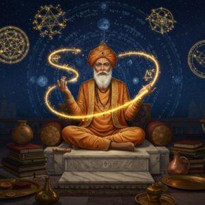 A distinguished Indian mathematician in rich gold-trimmed royal garments seated cross-legged on an ornate marble platform, surrounded by ancient manuscripts and astronomical instruments. His hands gracefully demonstrate geometric concepts in mid-air using golden light trails. Behind him, a large intricate mandala pattern combines mathematical symbols and celestial bodies in Madhubani art style. The scene is illuminated by soft moonlight, with constellations visible in a deep indigo sky. Traditional brass oil lamps cast warm glows on Sanskrit-inscribed copper plates scattered around. Floating above are visualizations of his mathematical concepts - the Līlāvatī's geometric patterns and Siddhānta Shiromani's astronomical calculations rendered in glowing ethereal lines. The color palette features deep blues, burnished golds, and warm copper tones. The overall composition merges classical Indian architectural elements with surreal mathematical visualizations. Artistic style combines traditional Pattachitra precision with modern digital art techniques, creating a mystical yet scholarly atmosphere.