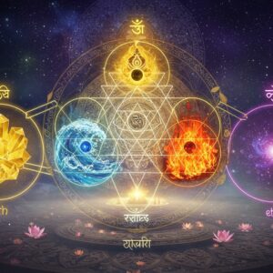 A mystical sacred geometry diagram featuring the five elements (Pancha Bhutas) - earth, water, fire, air, and ether - arranged in a mandala pattern with Sanskrit sacred symbols. The earth element shown as golden geometric crystals, water as flowing blue waves, fire as vibrant orange-red flames, air as swirling white currents, and ether as deep purple cosmic energy, all interconnected with glowing golden lines forming sacred geometric patterns. In the background, a large, intricate Sri Yantra radiates soft light in deep indigo and gold. Ancient Hindu numerical symbols float ethereally around the composition, appearing as if made of stardust. The scene is set in a cosmic space with soft, misty edges, featuring small floating lotuses and subtle Madhubani-style border patterns. The lighting creates a dramatic effect with golden rays emerging from the central point, illuminating the sacred geometry. Art style combines traditional Indian sacred art with modern digital surrealism, featuring rich jewel tones and metallic accents. The overall composition suggests mathematical precision while maintaining spiritual mysticism.