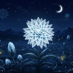 A mystical night garden scene featuring a large, luminous Brahma Kamal flower in full bloom at the center, its white petals radiating like a celestial lotus with multiple layers. The flower glows with an ethereal blue-white light against a deep indigo night sky filled with twinkling stars and a crescent moon. In the background, the silhouette of the Himalayas creates a majestic backdrop. The foreground shows several Brahma Kamal buds in various stages of blooming, surrounded by dewdrops that sparkle like diamonds. Wispy trails of silver mist curl around the plants, while small fireflies emit golden light dots throughout the scene. The entire composition is rendered in a blend of traditional Madhubani art style with modern digital aesthetics, using rich colors of deep blue, silver, gold, and white. Sacred geometric patterns and subtle mandalas float in the background, creating a spiritual atmosphere. The perspective is slightly elevated to showcase the flower's unique star-like formation, with intricate details of its petals and stamen visible. Soft moonbeams illuminate the scene, creating dramatic shadows and highlighting the flower's sacred nature.