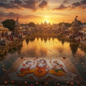 A majestic aerial view of the Brahma Sarovar at golden hour, with its rectangular sacred tank reflecting the sky like a mirror. The water surface sparkles with thousands of floating diyas, creating a mesmerizing pattern of golden lights. In the foreground, detailed Madhubani-style artwork depicts Lord Krishna and Arjuna having their legendary conversation. The ghats are adorned with intricate marble steps leading to the water, where devotees in traditional Indian attire perform evening aarti. Multiple ornate temples with detailed North Indian architecture line the periphery, their spires reaching toward a dramatic sunset sky painted in deep oranges and purples. Ethereal lotus flowers float on the water's surface, enhanced by soft, glowing halos. The scene combines photorealistic architecture with stylized traditional Indian art elements, featuring rich colors of saffron, deep blue, and gold. Delicate mandalas and sacred geometric patterns hover in the air, adding a mystical dimension. The lighting is warm and divine, with god rays breaking through clouds, creating a serene and spiritual atmosphere. Ultra-detailed, cinematic composition, magical realism art style.