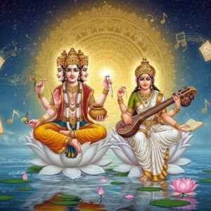 A majestic scene depicting Lord Brahma with four heads and four arms, seated on a divine white lotus emerging from cosmic waters. He wears golden silk dhoti and sacred threads, with his upper right hand holding the Vedas, upper left hand holding a water pot (kamandalu), lower right hand holding a sacrificial ladle (sruk), and lower left hand holding a lotus. Beside him, Goddess Saraswati in pristine white saree with gold border, seated on a white lotus, playing the veena. She has four arms, with her second pair of hands holding a book and prayer beads. Behind them, a massive golden mandala emanates divine light, surrounded by intricate Madhubani-style patterns featuring sacred symbols and peacock motifs. Floating manuscripts and musical notes in ethereal gold swirl around them. The cosmic waters below reflect their divine forms in rippling patterns. The scene is rendered in a blend of traditional Indian art and modern digital aesthetics, with a color palette of celestial blues, pristine whites, and radiant golds. The atmosphere is serene and mystical, with soft glowing orbs of light and delicate lotus petals floating in the air.