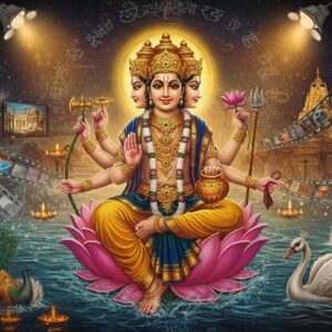 A majestic four-headed Brahma seated on a divine lotus emerging from cosmic waters, each head facing cardinal directions, adorned in rich golden robes with intricate Sanskrit patterns. His four hands hold specific items: Vedas in upper right, lotus flower in upper left, water pot (kamandalu) in lower right, and prayer beads in lower left. Behind him, a modern cityscape transitions into ancient temples through a swirling cosmic portal. Movie reels, digital screens, and TV frames float ethereally around him, displaying glimpses of his various pop culture appearances. Celestial peacock feathers frame the scene, while modern spotlights cast dramatic golden lighting. His skin has a warm ethereal glow, and each face shows different expressions of wisdom. A swarm of floating digital particles and traditional rangoli patterns seamlessly blend around him. Art style combines hyperrealistic digital art with traditional Madhubani patterns, featuring rich colors like deep gold, celestial blue, and sacred saffron. Swan vahana gracefully glides through the cosmic waters below.