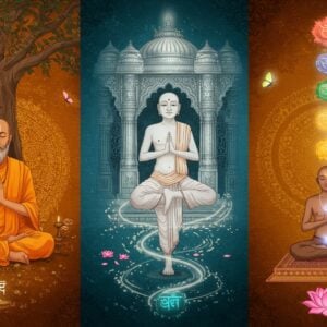 A serene split-screen triptych composition showing three distinct yet interconnected scenes against a backdrop of intricate Madhubani-style patterns in gold and saffron. On the left, a young Hindu sage in ochre robes meditating under a sacred banyan tree, surrounded by vedic scripts and a subtle aura of golden light. In the center, a Jain monk in white clothing performing kayotsarga pose, standing against a backdrop of carved temple architecture with flowing geometric patterns. On the right, a yogi in peaceful meditation pose on a lotus platform, surrounded by seven glowing chakra orbs in their respective colors. The scenes are unified by flowing energy streams in metallic gold and white, representing the common thread of spiritual discipline. Ethereal butterflies and lotus petals float across the composition. The lighting is mystical with soft highlights in turquoise and gold. The art style combines traditional Indian miniature painting techniques with modern digital art aesthetics, featuring rich textures, detailed patterns, and a harmonious color palette of deep blues, saffron, white, and gold. Each figure radiates a subtle glow of spiritual energy, with their faces showing profound peace and concentration.