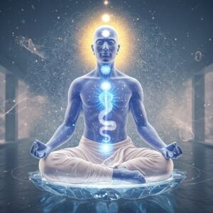 A serene young Indian man in ethereal white dhoti and angavastram, seated in padmasana on a crystalline lotus platform, radiating a bright golden aura. His eyes are half-closed in meditation, with a subtle smile reflecting inner peace. A luminous blue chakra system visible within his transparent form, with the kundalini energy depicted as a rising golden serpent along his spine. The background features a modern minimalist mandala pattern in soft pastels, with floating sacred geometry patterns. Ethereal light particles and energy wisps in shades of white and gold swirl around him. The scene is set in a contemporary meditation space with sleek architecture blending with traditional Indian elements. Multiple translucent layers of his form show the transformation from material to spiritual being. The lighting is soft and otherworldly, creating a peaceful, transcendent atmosphere. The art style combines traditional Madhubani patterns in the mandala with modern digital art techniques, featuring a harmonious blend of deep indigos, pristine whites, and touches of celestial gold. Hyperrealistic rendering with divine luminescence.