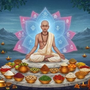 A serene young Indian yogi in traditional white dhoti sitting in padmasana on a circular marble platform, surrounded by a meticulously arranged mandala of pure sattvic foods - fresh fruits, vegetables, nuts, and grains in golden vessels. The yogi's aura glows in pristine white and blue hues, symbolizing purity and spiritual energy. Behind him, a large ethereal lotus emerges, its petals containing subtle illustrations of ancient Vedic dietary principles. The scene is illuminated by soft, golden morning light filtering through sacred fig tree leaves. To his sides are two pillars with intricate Madhubani-style artwork depicting the journey from physical to spiritual consciousness. The background features a misty Himalayan landscape with subtle sacred geometry patterns floating in the air. The overall composition follows a modernized Pattachitra style with deep indigos, saffrons, and pearl whites. Small details include floating ghee lamps, honey droplets catching light, and tender holy basil leaves emanating subtle energy. The yogi's expression reflects deep peace and spiritual mastery, with eyes half-closed in meditation.