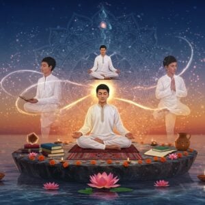 A serene young Indian student in traditional white kurta sitting in padmasana on a floating lotus platform, radiating a soft golden aura. Behind him, a large intricate mandala in shades of deep blue and silver represents focus and discipline. Multiple ethereal transparent layers show the same student: one studying with books, one performing yoga, one in meditation, and one practicing martial arts - symbolizing holistic development. Swirling energy streams in saffron and white connect these layers. The background features a gradient from deep indigo to soft dawn colors. Sacred geometry patterns in gold weave through the scene. Crystal-clear water below reflects moonlight. Floating diyas and lotus flowers surround the platform. Modern minimalist study materials tastefully arranged nearby. The student's expression is peaceful yet determined. Art style merging traditional Madhubani patterns with modern digital art techniques, emphasizing clean lines and spiritual symbolism. Soft glowing particles float upward throughout the scene.