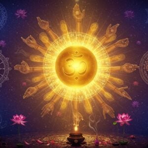 A mystical scene featuring a luminous golden sphere representing Brahman at the center, radiating divine light in all directions. The sphere is surrounded by intricate mandalas and sacred geometry patterns from different cultures - Hindu Om symbols, Buddhist Dharma wheels, Sufi whirling patterns, and Kabbalah's Tree of Life, all rendered in rich jewel tones of deep sapphire, royal purple, and burgundy. Multiple ethereal hands reach toward the central light from different directions, each hand style representing different cultures - mudras from Hindu tradition, Buddhist meditation gestures, Islamic prayer positions, and Christian blessing poses. The background transitions from deep cosmic blues to warm golden hues, with subtle Sanskrit verses floating as light particles. Floating lotus flowers and incense smoke create layers of depth. The scene is rendered in a fusion of traditional Madhubani art style with modern digital art techniques, featuring precise linework and rich textures. The lighting is dramatic with god rays emanating from the central sphere, creating an atmosphere of divine universal consciousness.