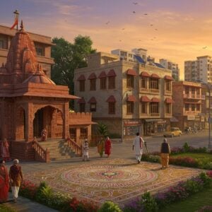 A vibrant street scene in Brahman Para, Raipur, captured during golden hour sunset, featuring traditional double-story houses with ornate Chhattisgarhi architecture blending seamlessly with modern glass buildings. The foreground shows a beautifully maintained temple courtyard with intricate Madhubani-style mandala rangoli patterns. Young Indian professionals in modern attire walking alongside elderly residents in traditional dhoti-kurtas. The scene includes modern amenities like sleek street lights with solar panels, well-maintained gardens with native flowering trees, and clean paved streets. The sky features warm orange and purple hues, with modern apartment complexes visible in the background. The overall composition combines traditional elements (temple spires, brass bells, sacred tulsi plants) with contemporary urban development (modern cafes, digital displays, electric vehicles), creating a harmonious blend of old and new. The art style should merge traditional Indian Pattachitra techniques with modern digital art, using a palette of deep maroons, bright yellows, and peaceful blues, with golden accents highlighting key architectural features.