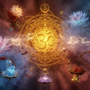 A transcendent cosmic scene depicting the essence of Brahman through sacred symbolism - a luminous, golden Om symbol radiates at the center, emanating waves of divine light in shades of saffron and white. Behind it, a massive intricate Sri Yantra mandala in metallic gold and deep maroon floats in a star-filled cosmic void. Multiple translucent lotus flowers in pastel pink and blue orbit the Om symbol. Sacred threads of light weave through the composition, forming interconnected patterns reminiscent of Madhubani art. The scene includes floating elements of the five elements - stylized flames, water ripples, earth crystals, swirling air currents, and ethereal space, all rendered in a modern digital art style with rich Indian traditional motifs. Mystical smoke in peacock blue and gold creates layers of depth. Small golden bells and rudraksha beads float weightlessly. The lighting is ethereal with god rays piercing through, creating a divine atmosphere. Style combines hyperrealistic 3D rendering with traditional Indian art patterns, high contrast, cinematic lighting, ultra detailed, octane render.