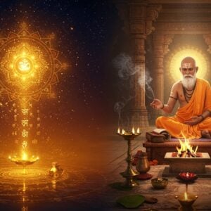 A serene split composition featuring two distinct yet interconnected realms. On the left, the formless, infinite Brahman represented as a luminous, cosmic energy field with swirling golden light patterns, intricate mandalas, and Sanskrit Om symbols emerging from pure consciousness. The right side shows a learned Brahmin sage in pristine white dhoti and angavastram, seated in padmasana on a carved wooden platform, surrounded by ancient palm leaf manuscripts and brass oil lamps. He's performing a sacred ritual with vedic fire, his forehead marked with vibhuti and traditional tripundra. The background features a grand temple architecture with ornate pillars and geometric patterns. Ethereal smoke from the sacred fire forms a bridge between both realms, symbolizing the connection. The scene is illuminated with soft, divine light in shades of saffron and gold. Art style combines hyperrealistic digital rendering with traditional Pattachitra patterns, emphasizing both mystical and scholarly elements. The composition includes subtle details like floating lotus petals, crystal clear reflection pools, and delicate incense smoke trails.