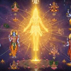 A magnificent cosmic scene depicting Lord Brahman as a radiant, formless golden light at the center, emanating powerful rays that connect to multiple Hindu deities arranged in a mandala pattern. Vishnu (four-armed, holding conch, chakra, mace, and lotus) in deep blue, Shiva (four-armed, with trishul, damaru, lotus, and abhaya mudra) in silver-white, and Brahma (four-headed, four-armed, holding vedas, lotus, water pot, and mala) in saffron robes float in divine poses. Intricate Sanskrit-inspired patterns and modern sacred geometry in gold connect all deities through flowing light streams. The background features a gradient of deep cosmic purples and blues with sparkling stars and nebulae. Multiple small mandalas float in the space, containing miniature representations of other deities. The scene is illuminated by ethereal, divine light creating a serene atmosphere. Floating lotus flowers and peacock feathers add traditional Indian elements. The art style combines hyperrealistic digital rendering with traditional Thanjavur painting influences, featuring rich metallics and intricate details. The lighting creates a dramatic, spiritual atmosphere with golden rays and subtle glows.