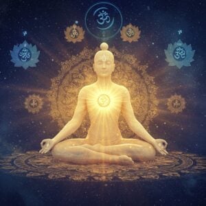 A serene Indian yogi in padmasana, floating in a cosmic ethereal space filled with swirling golden light and subtle sacred geometry. His form transitions from solid to translucent, merging with a larger, luminescent outline suggesting the infinite Brahman. Multiple translucent lotus flowers orbit around him, each containing miniature representations of the different yoga paths - karma, bhakti, jnana, and raja. The background features intricate Madhubani-style mandalas in deep indigo and gold, with flowing Sanskrit symbols dissolving into light. Soft rays of divine light emanate from the central figure's heart chakra, creating a gradient from deep peacock blue to brilliant gold. Traditional Indian motifs like the endless knot and Om symbol appear as constellation-like patterns in the cosmic space. The scene is rendered in a harmonious blend of photorealistic and spiritual art styles, with a dreamy, ethereal quality enhanced by floating light particles and subtle color gradients.