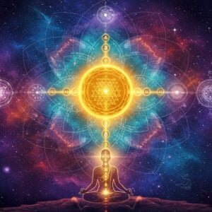 A mystical cosmic scene depicting the infinite Brahman represented as a luminous, golden sphere radiating divine energy at the center, surrounded by multiple concentric mandalas in deep indigo, saffron, and turquoise. The sphere transforms into swirling cosmic patterns resembling galaxies and nebulae in rich purples and deep blues. Sacred geometric patterns and Sanskrit symbols float ethereally in space. Multiple universes emerge from the central sphere like lotus petals, each containing its own cosmic system. The foreground features a serene meditating figure in padmasana, gender-neutral, with a golden aura, representing the individual consciousness. Streams of consciousness depicted as flowing ribbons of light connect the figure to the cosmic Brahman. The scene incorporates traditional Vedic symbols like the Sri Yantra and Om in subtle golden outlines. The art style merges hyperrealistic space imagery with traditional Indian Tantric art elements, featuring a color palette of deep cosmic blues, vibrant purples, metallic golds, and ethereal whites. Soft particles of light dance throughout the composition, suggesting the underlying unity of existence. The overall composition creates a sense of infinite depth and cosmic interconnectedness.