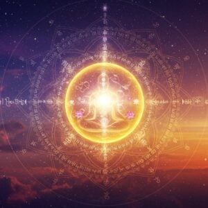 A serene cosmic scene depicting the concept of Brahman through a luminous, golden sphere radiating pure light at the center of the composition, surrounded by intricate mandala patterns in deep indigo and copper. Multiple translucent layers of reality emanate from the sphere, showing the interconnectedness of existence - microscopic atoms, DNA strands, galaxies, and human consciousness all flowing into each other. An ethereal Indian sage in meditation pose floats within the sphere, their form partially dissolving into pure energy. Sacred geometry patterns in gold and white interweave throughout, while lotus flowers in various stages of bloom float in a spiral pattern. The background transitions from deep cosmic purple to dawn-like orange, with subtle Devanagari scripts barely visible like whispers in the cosmos. The art style combines hyperrealistic space imagery with traditional Vedantic symbolism, rendered in a modern digital aesthetic with rich textures and dimensional lighting. Swirling cosmic dust and small points of light create depth, while a soft golden glow bathes the entire scene in divine radiance.