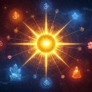 A luminous cosmic scene depicting the infinite Brahman as a radiant golden sphere emanating pure light, surrounded by intricate Sanskrit-inspired geometric patterns in deep indigo and saffron. From this central sphere, multiple ethereal threads of light connect to various manifestations - a peaceful meditating sage with a serene expression, floating lotus flowers, sacred Om symbols, and swirling galaxies. The composition features layers of translucent mandalas in peacock blue and deep maroon, creating depth. Floating crystal-like structures reflect divine light, while subtle Madhubani-style patterns form the background. Multiple dimensions are suggested through overlapping reality planes, with each plane showing different aspects of existence - material, spiritual, and cosmic. The lighting is otherworldly with a combination of cool celestial blues and warm golden rays. The art style merges traditional Indian spiritual iconography with modern digital art techniques, creating a surreal yet profound aesthetic. The scene should have a sense of infinite depth and cosmic scale while maintaining a serene, meditative quality.