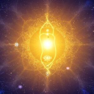 A serene, cosmic scene depicting the infinite nature of Brahman - a luminous, formless golden energy radiating from the center of the composition, surrounded by intricate sacred geometry patterns and Sanskrit mandalas in deep indigo and saffron. Ethereal swirls of cosmic energy in shades of deep purple and celestial blue spiral outward. Multiple layers of translucent lotus petals in gold and white emerge from the central light. Small elements from Vedic cosmology float in the scene - the seven lokas represented by crystalline spheres, the cosmic serpent Ananta, and glimpses of the cosmic ocean. The scene is overlaid with delicate threads of light forming yantra patterns. Floating particles of light create a mystical atmosphere. The art style combines traditional Indian miniature painting techniques with modern digital art, featuring rich textures and a dramatic interplay of light and shadow. The overall composition suggests both vastness and unity, with a gradient from bright golden center to deep cosmic blues at the edges.