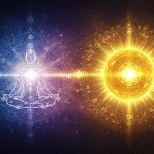 A cosmic ethereal scene showing two interconnected luminous forms - a radiant golden sphere representing Brahman on the right, and a smaller crystalline human silhouette representing Atman on the left, connected by streams of divine light. The human form is in a meditative lotus pose, floating in space. Around them, intricate mandalas and Sanskrit symbols swirl in a celestial dance. The background features layers of deep cosmic blues and purples transitioning to warm spiritual golds. Sacred geometry patterns emerge from both forms, showing their fundamental unity. Multiple translucent lotus flowers float around in various stages of bloom, symbolizing spiritual awakening. The scene is rendered in a modern digital art style while incorporating traditional Indian artistic elements like detailed Madhubani-style patterns. Rays of light create a bridge between the two entities, suggesting their non-dual nature. The lighting is dramatic with a soft ethereal glow, creating depth and dimension. Small particles of golden light float around like cosmic dust. The composition suggests both transcendence and immanence.