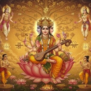 A majestic celestial scene depicting Lord Brahma seated on a blooming lotus emerging from Lord Vishnu's navel. Brahma appears with four heads facing cardinal directions, four arms holding vedas, water pot, rosary and lotus, wearing saffron-gold robes with intricate Madhubani patterns. His consort Goddess Saraswati in pure white saree seated beside him playing the veena. Around them, in a circular formation, ethereal manifestations of their children: Manu (shown as a wise king), Narada (with his signature veena), Daksha (with a regal bearing), and Marichi (emanating light). The background features a massive golden family tree with glowing branches connecting all figures, adorned with Sanskrit symbols and miniature lotuses. Soft, divine light emanates from above, casting a warm glow on the scene. The color palette includes deep golds, celestial blues, pure whites, and saffron. Floating mandalas and cosmic patterns fill the space between figures. Style combines traditional Pattachitra art with modern digital fantasy aesthetics, maintaining a surreal, spiritual atmosphere.