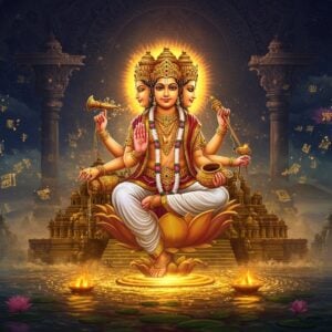 A majestic, ethereal scene depicting Lord Brahma in his traditional form with four heads facing cardinal directions, seated on a sacred lotus emerging from golden waters. He has four arms, holding Vedas, kamandalu (water pot), rosary, and sacrificial ladle. His complexion is golden-red, wearing white silk dhoti with intricate gold embroidery. Behind him stands a solitary, ancient temple structure with intricate Nagara architecture, partially shrouded in mysterious mist. The temple appears semi-transparent, fading into ethereal light, symbolizing scarcity. Celestial lotuses float in the air, with sacred Sanskrit texts transforming into golden particles that dissolve into the atmosphere. The background features a grand mandala pattern in deep indigo and gold, with intricate Madhubani-style borders. Multiple small, faded temple silhouettes appear in the distance, barely visible. Peacocks, Brahma's vahana, grace the scene's corners. The lighting is dramatic with divine rays emerging from between the temple pillars, creating a mystical atmosphere. Art style merges traditional Indian temple art with modern digital fantasy aesthetics, using a color palette of deep gold, saffron, celestial blue, and crimson.