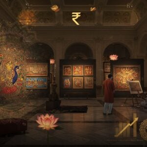 A majestic Indian art gallery interior with soaring ceilings and marble floors, illuminated by warm golden lighting. In the foreground, a detailed Madhubani painting featuring intricate peacock motifs and traditional geometric patterns floats ethereally. Behind it, a translucent ghosted image shows Indian rupee symbols and ascending growth charts in soft gold. The scene includes an elegant Indian art collector in a modern business suit examining a large Pattachitra painting through a magnifying glass, while a traditional artist in kurta works on a contemporary piece nearby. The walls feature a gradient showcase of paintings ranging from classical Raja Ravi Varma style to modern abstract Indian art. Floating sacred lotus flowers and mandala patterns in soft pastels frame the scene. The lighting creates a sophisticated play of shadows and highlights, emphasizing the textures of the paintings. The atmosphere combines corporate professionalism with spiritual artistry, featuring a color palette of deep maroon, royal blue, burnished gold, and earthy saffron. Hyper-realistic digital art style with magical realism elements.