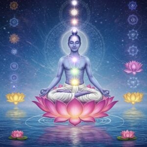 A serene Indian yogi in pristine white dhoti seated in padmasana on a cosmic lotus flower, floating above a tranquil sea of consciousness. Their aura radiates in concentric circles of gold and white light, merging with ethereal mandalas. Seven chakras illuminate along their spine in vibrant colors. The background features a subtle gradient from deep indigo to celestial blue, with flowing threads of golden light representing the divine connection. Multiple translucent layers of reality fade into each other, showing the journey from material to spiritual realms. Floating lotuses, each containing different stages of spiritual evolution, create a spiral path leading upward. Soft orbs of light and subtle sacred geometry patterns fill the space. The overall composition follows Madhubani art style but with modern digital rendering, featuring intricate patterns and a harmonious blend of traditional and contemporary elements. The lighting creates a divine glow, emphasizing the transcendental nature of moksha. Hyperrealistic details in the yogi's peaceful expression, with eyes closed in deep meditation.