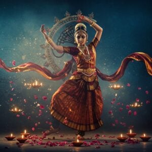 A graceful Indian classical dancer in mid-movement, wearing a rich maroon and gold Bharatanatyam costume with temple jewelry, performing the iconic Nataraja pose against a ethereal backdrop. Her expression shows intense bhava, with dramatic eye movements and mudras. The scene features multiple exposure effects creating a dynamic motion trail in deep blues and golds, showing various dance positions. Intricate Madhubani-style patterns float in the background, merged with modern geometric light streaks. The lighting is dramatic, with soft rim lights highlighting the dancer's silhouette and jewelry. The foreground features scattered rose petals and floating diyas creating circles of warm light. The composition includes subtle mandala patterns in glowing gold that radiate from the dancer. The art style combines hyperrealistic photography with digital art elements, maintaining traditional authenticity while adding contemporary visual appeal. The scene captures both movement and stillness, with floating fabric creating elegant curves in space. 8k resolution, cinematic lighting, photorealistic quality.